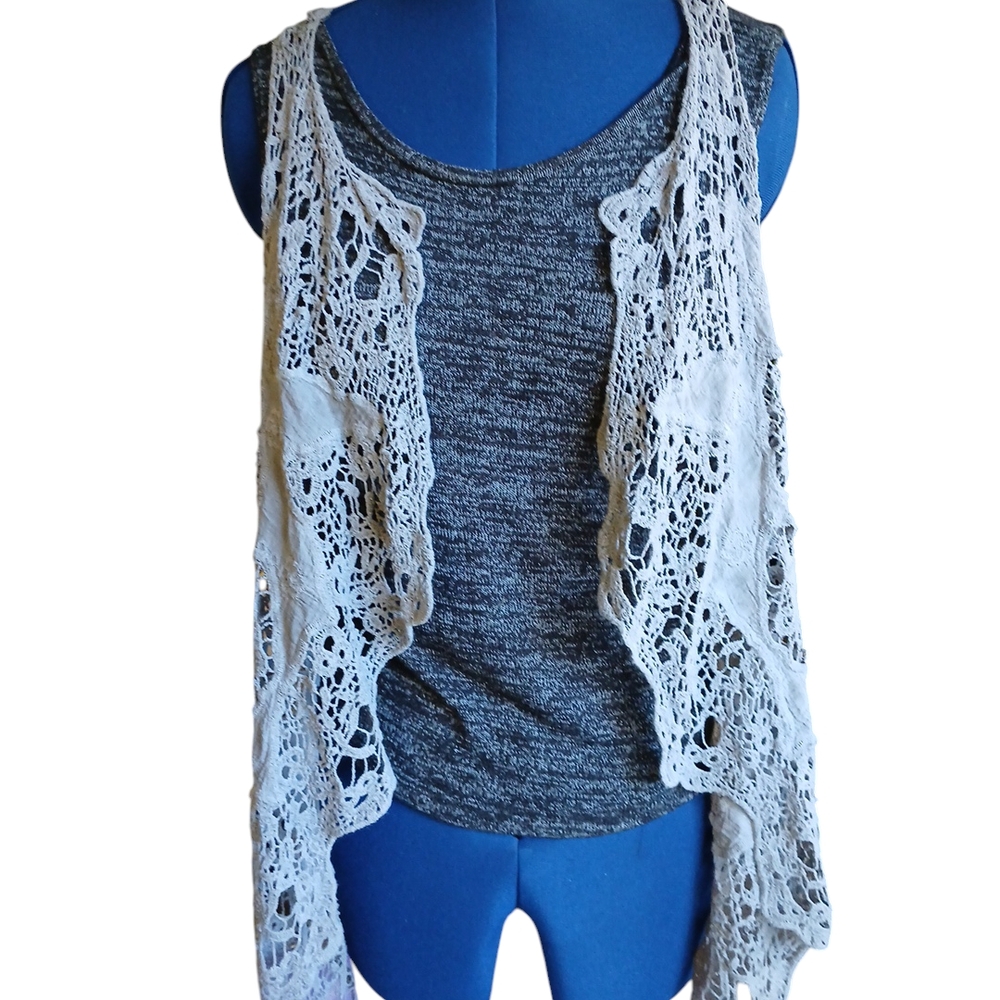 Gray Knit Top with White Lace Overlay